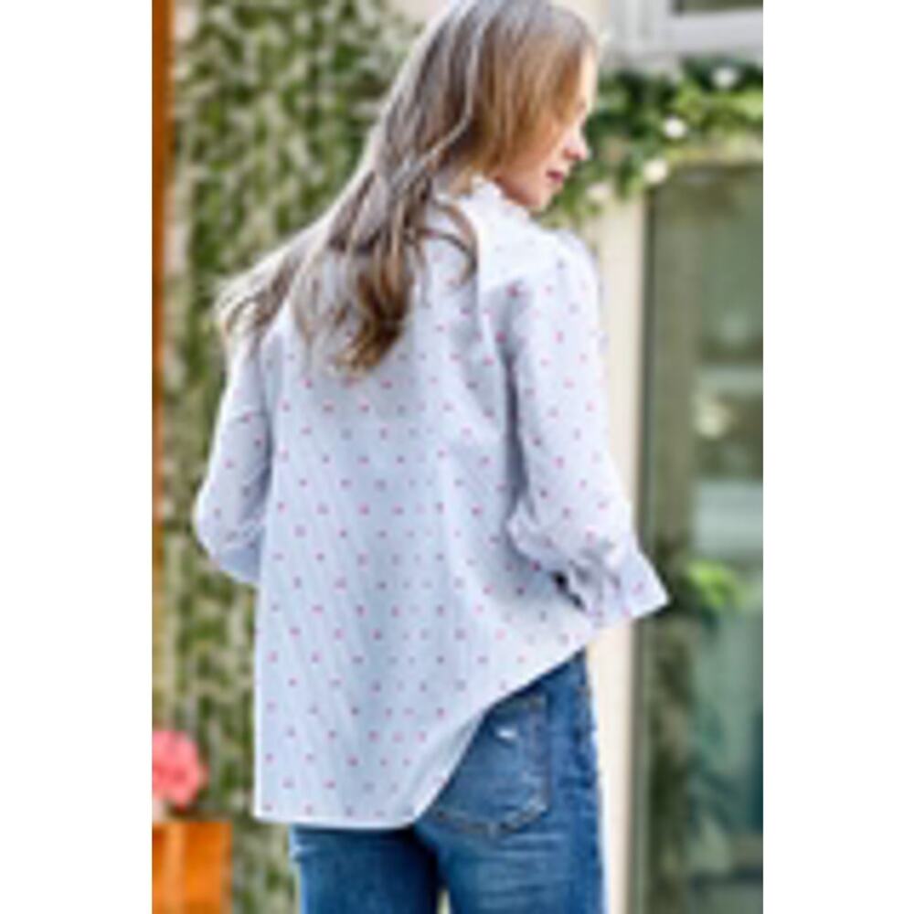 Long Sleeve Cotton Button Up Blouse White Gray Pinstripe Heart Ruffle Small - Picture 3 of 10